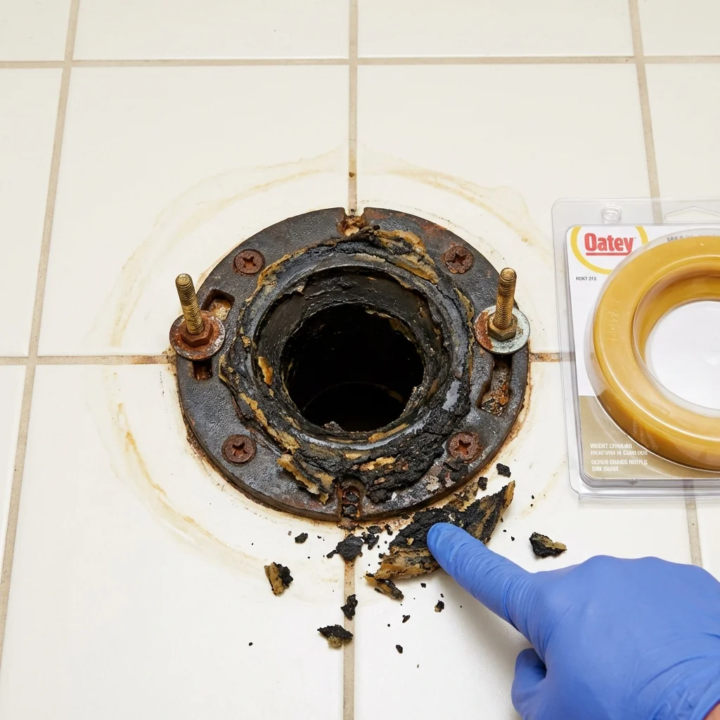Failed wax ring showing water seepage at the base of a toilet in a Corinth, MS home