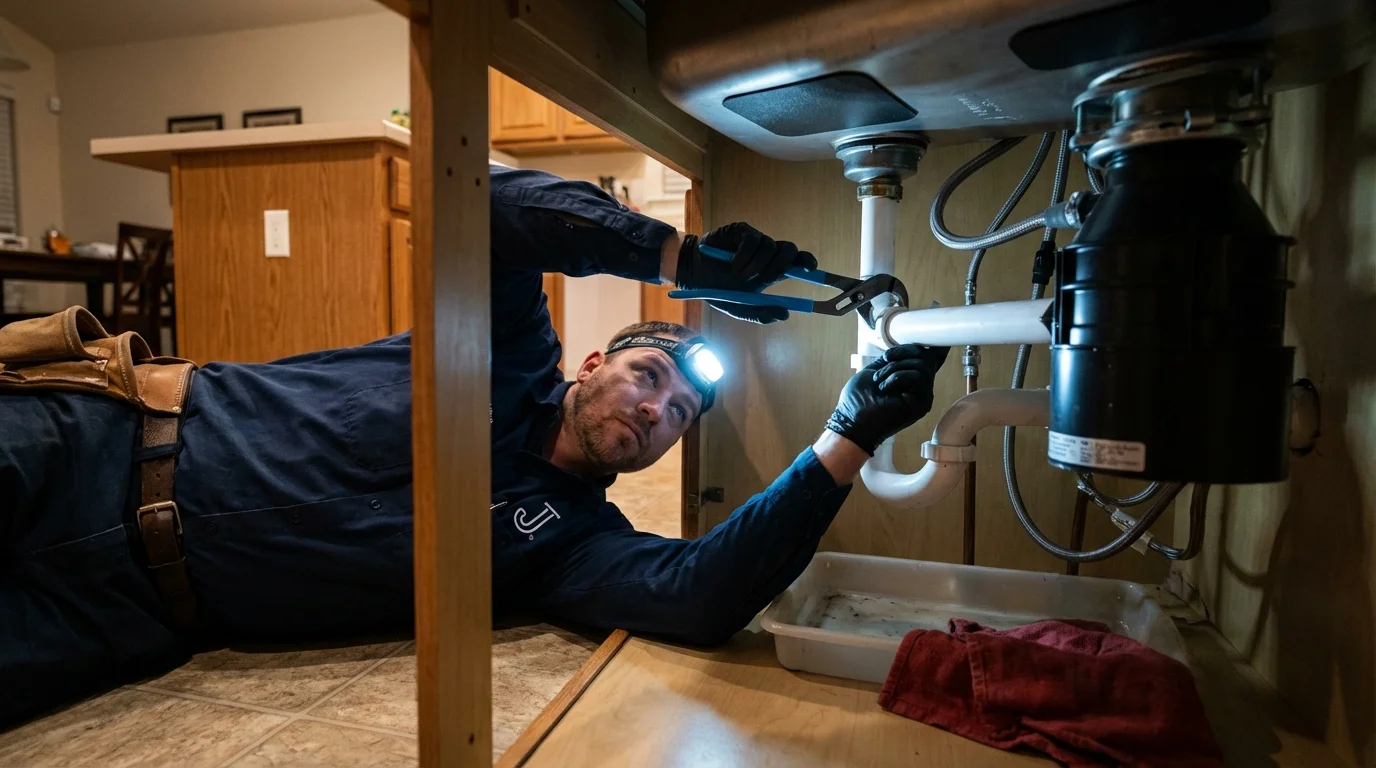 P-trap and supply line connections under a kitchen sink showing a common leak point in Corinth, MS